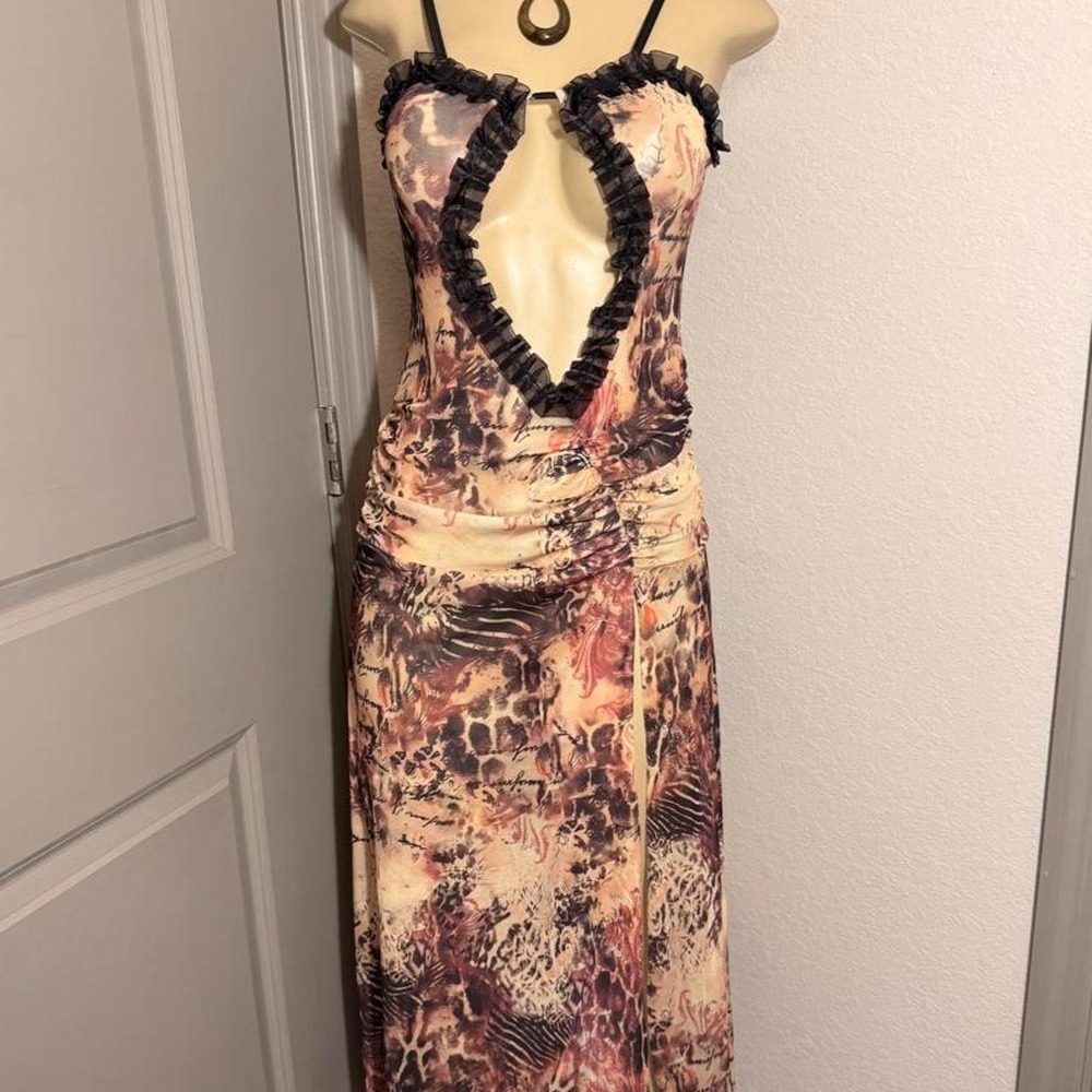 Multicoloured print maxi dress with ruffle trim